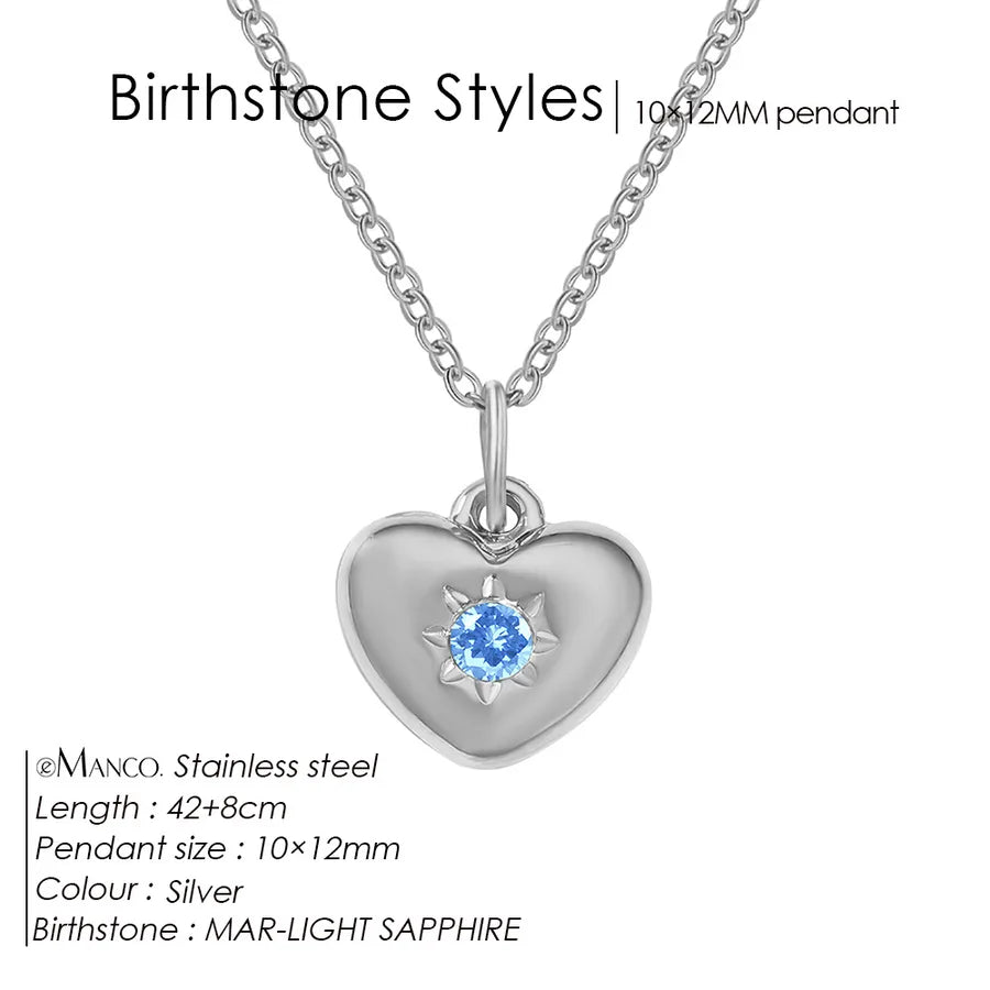 14K Gold Heart Birthstone Necklace for Women March Light Blue Steel Color