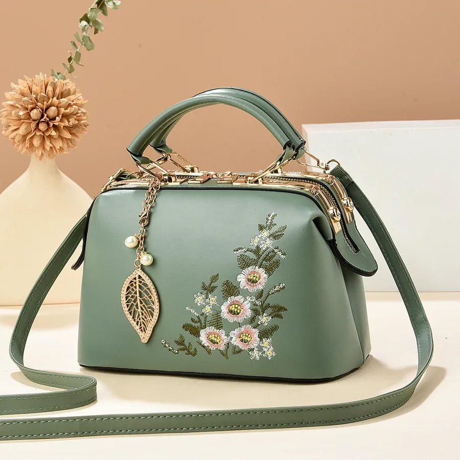 Floral Embroidered Retro PU Leather Shoulder Bag Green 24*12*15CM