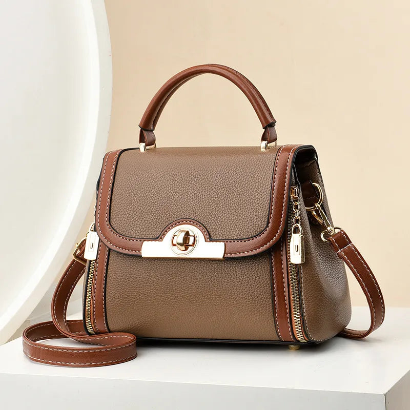 Colorblock PU Square Crossbody Handbag Khaki