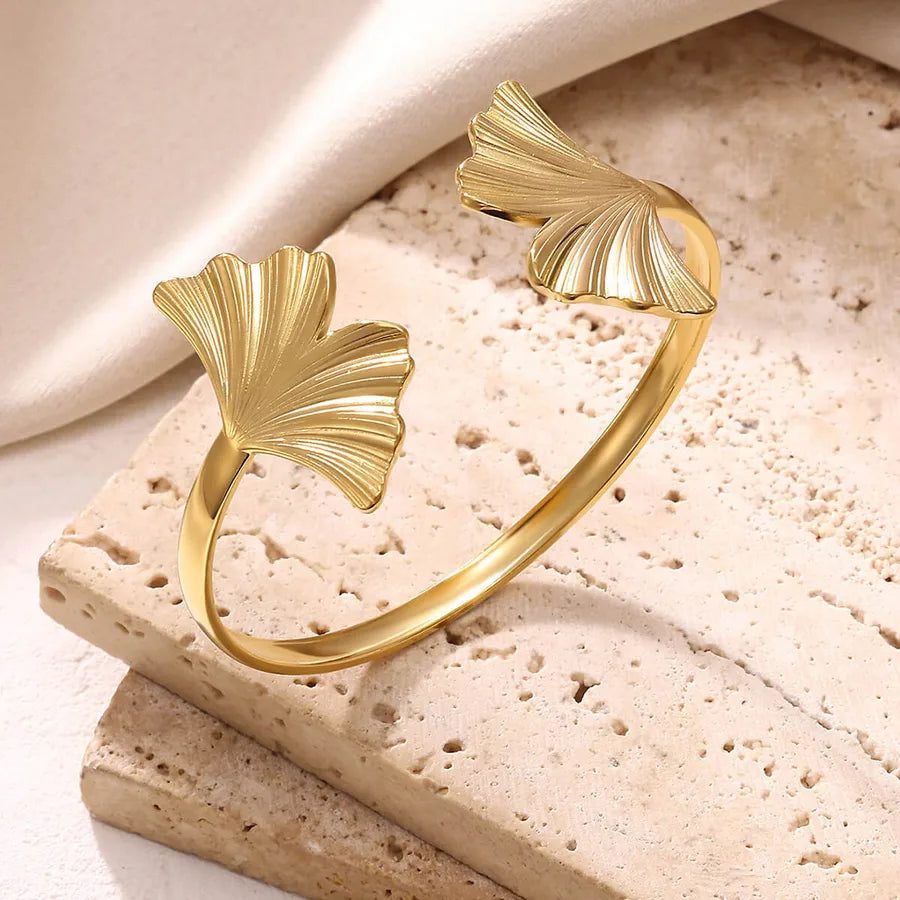 18K Gold Plated Leaf & Flower Open Bangle Bracelet