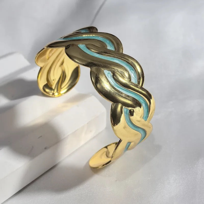 Gold Wave Stainless Steel Bangle Green