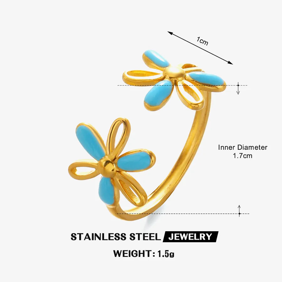 18K Gold Plated Colorful Flower Open Ring Blue