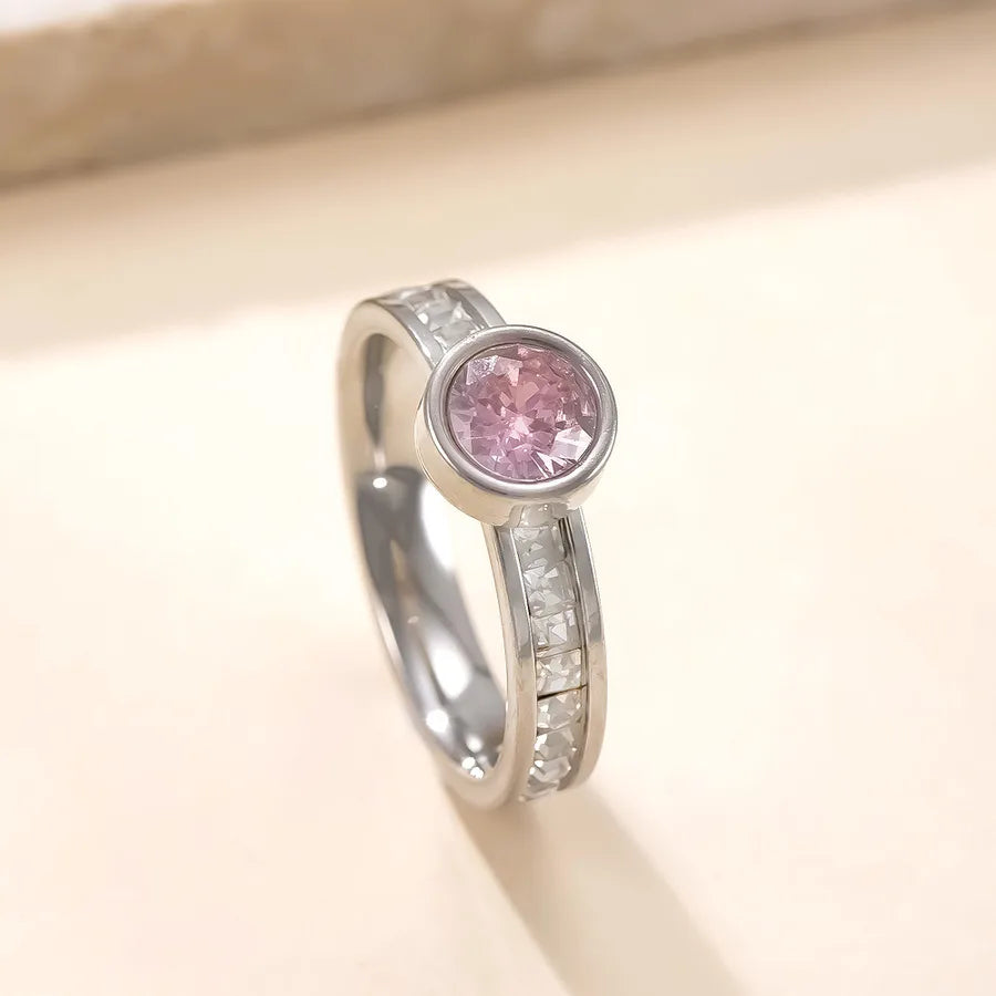 Geometric Zircon Stainless Steel Ring Steel Color-Pink Diamond