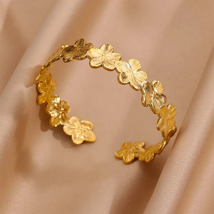 Gold Stainless Steel Flower Cuff Bracelet