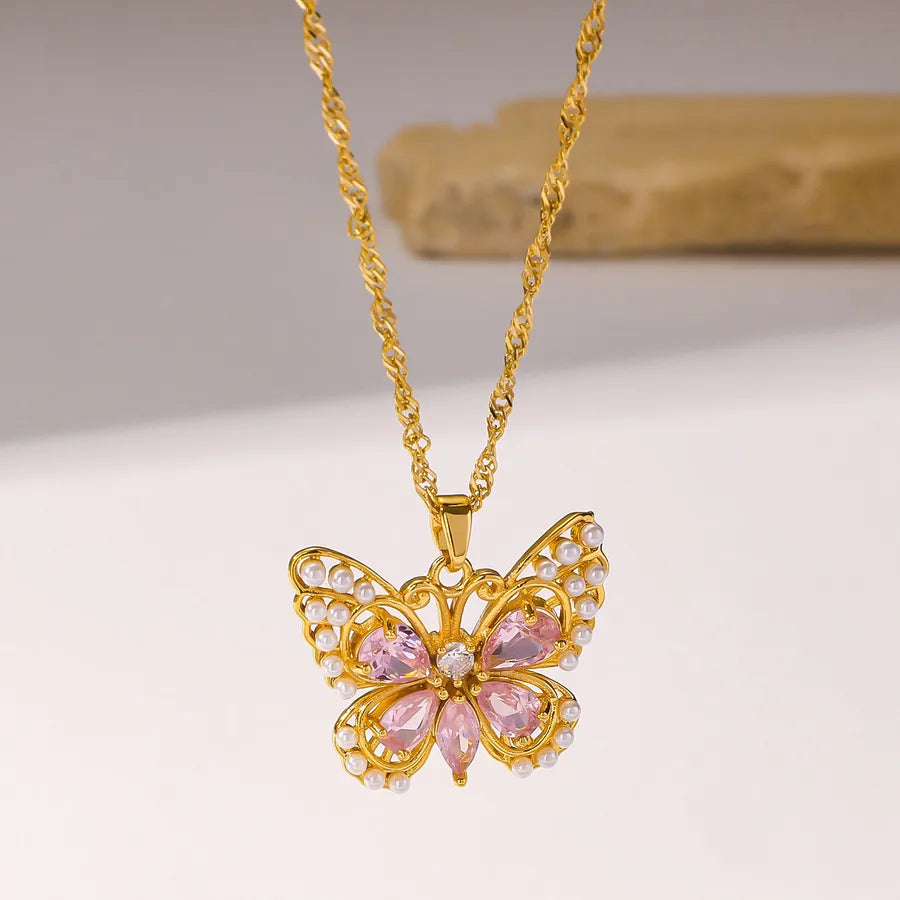 Gold Heart Pendant Necklace with Pearl & Butterfly W098 Butterfly