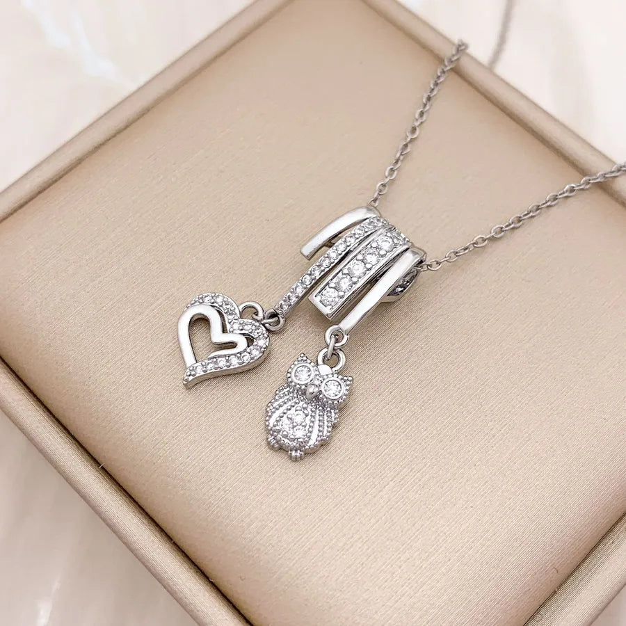 Gold Plated Heart & Eye Zircon Pendant Necklace XL5041 Heart Owl Combination Necklace Silver