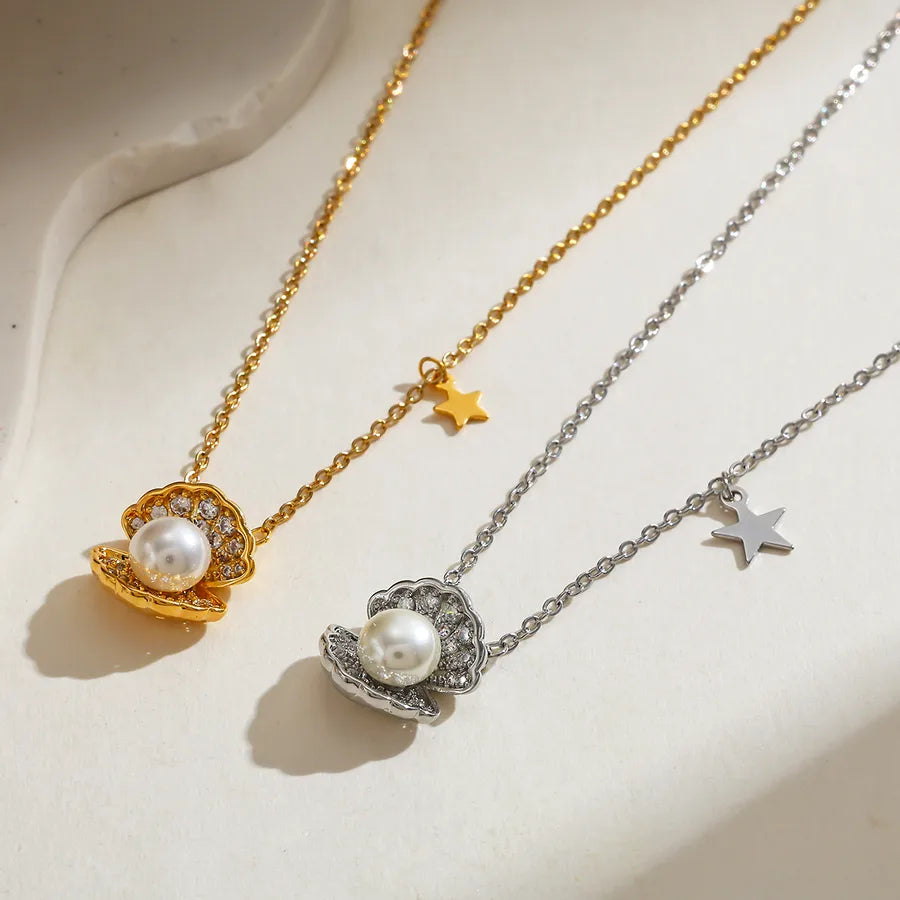 Gold Shell Pendant Necklace with Diamond Detail