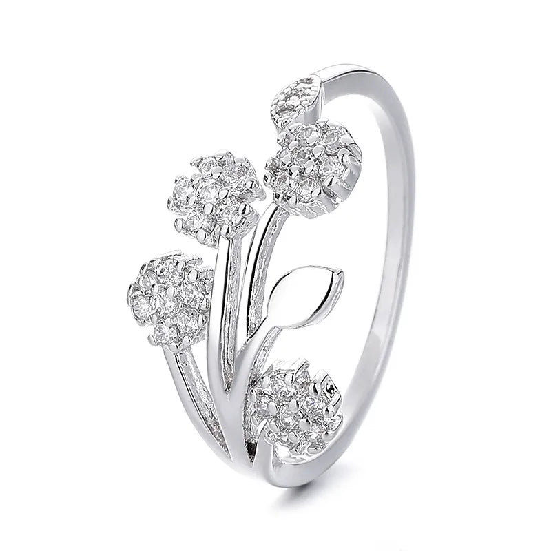 Sterling Silver Leaf & Flower Open Ring