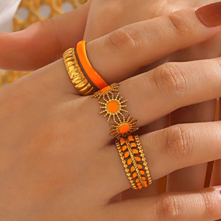 Orange Sun Leaf Open Ring – Gold Resin Accent