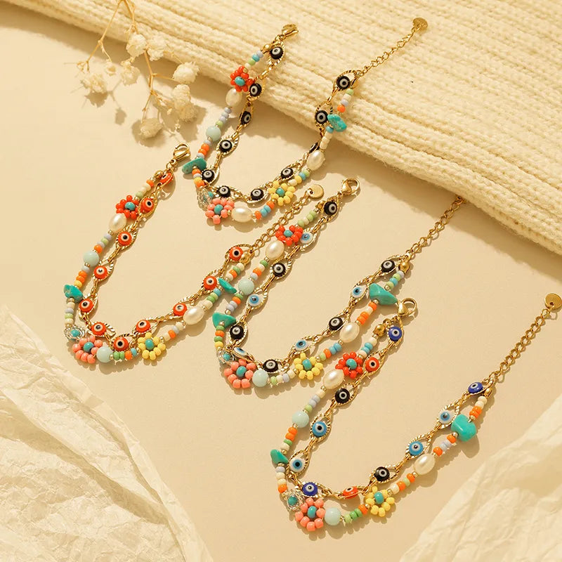 18K Gold Boho Eye & Flower Double Layer Bracelet