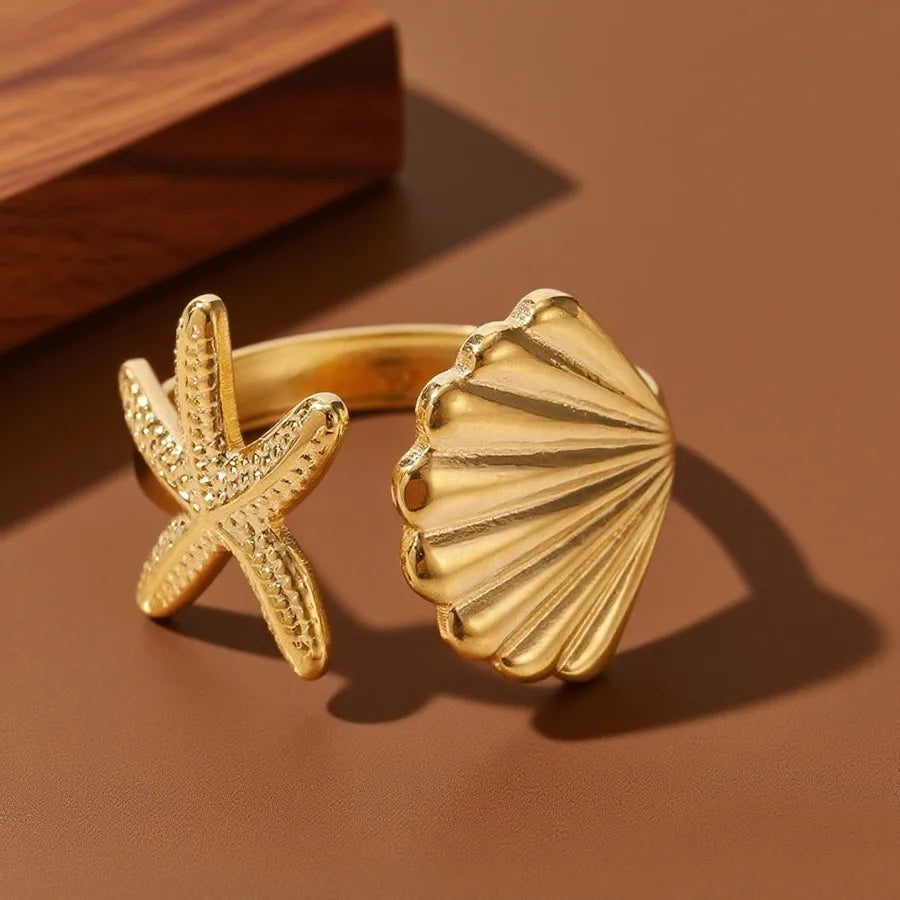 Geometric Heart Titanium Steel Ring Z0136-Shell Starfish-Ring- Gold