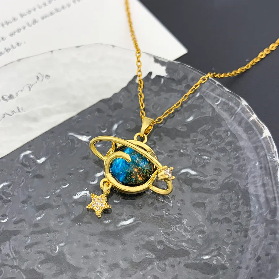 Starry Sky Planet Zircon Pendant Necklace XL3525 Star Embracing Planet Necklace Gold