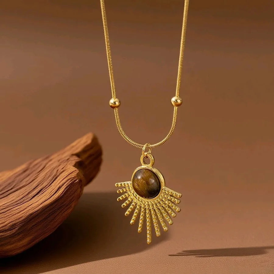 Titanium Steel Heart Pendant Necklace X0358-Fan-shaped Tiger Eye Stone-Necklace- Gold