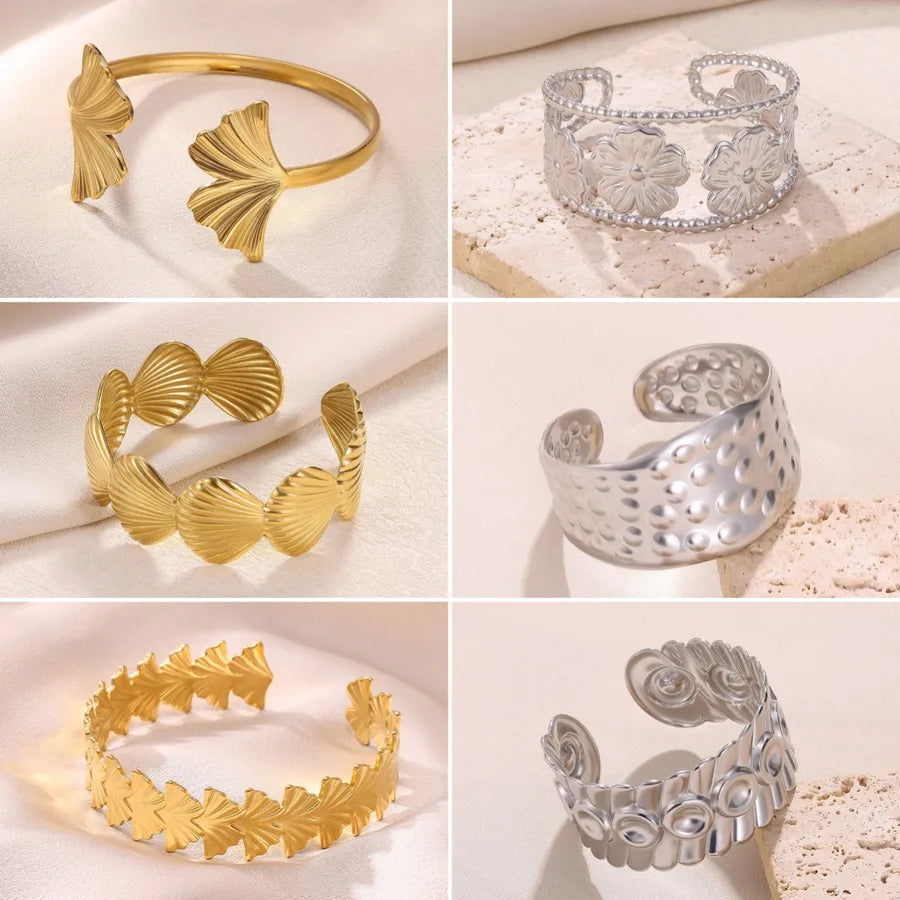 18K Gold Plated Leaf & Flower Open Bangle Bracelet