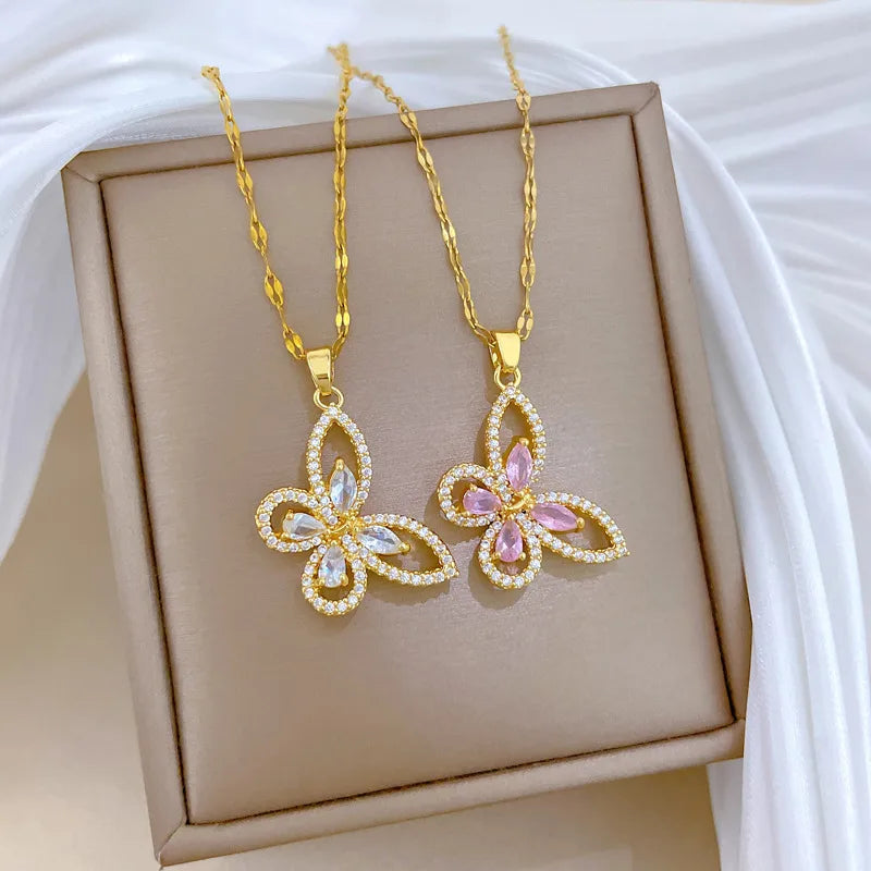 Gold Butterfly Zircon Pendant Necklace
