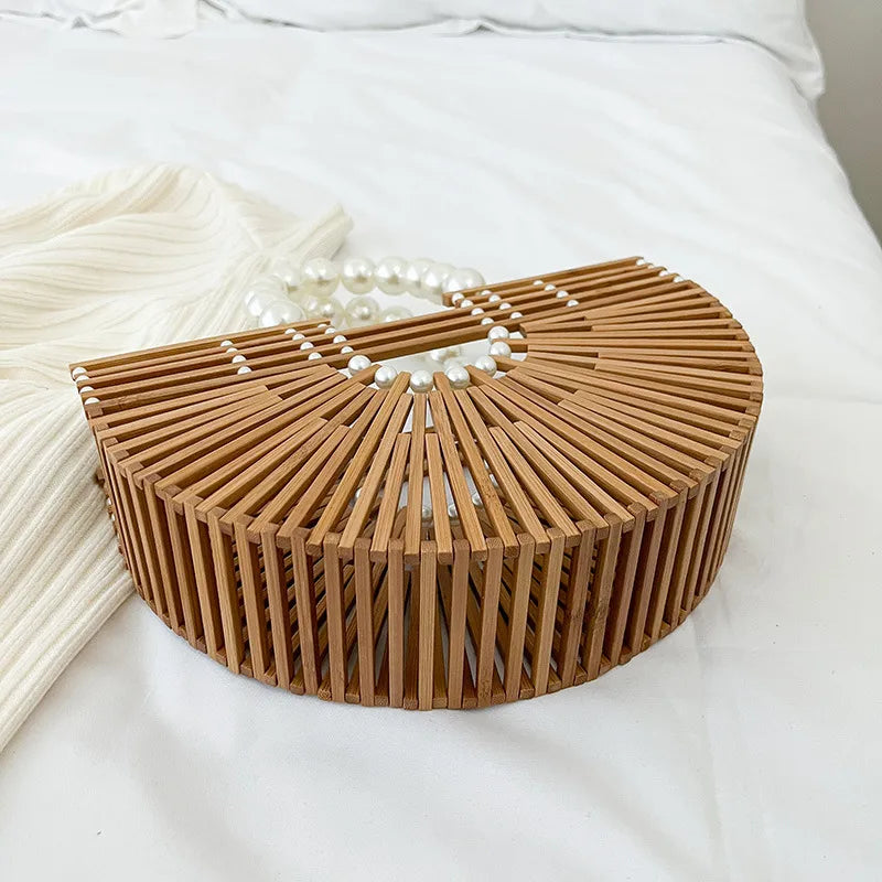 Handwoven Bamboo Round Straw Tote Bag