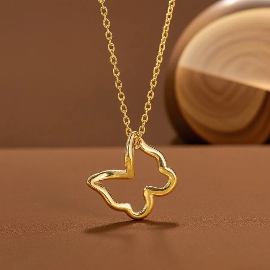 Titanium Steel Heart Pendant Necklace X01275-Hollow Butterfly-Necklace- Gold