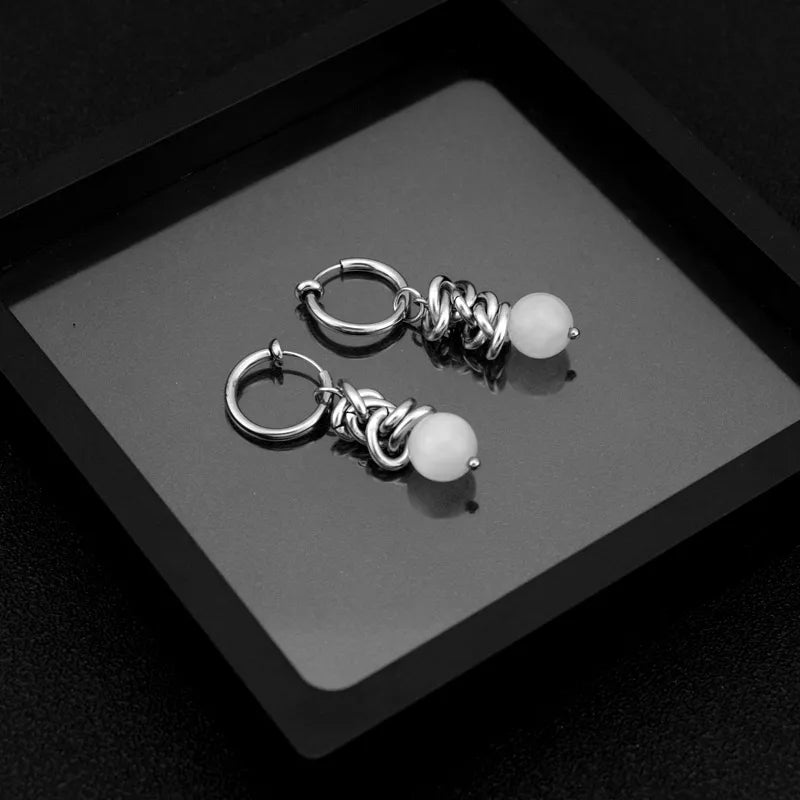 Clip-On Cat's Eye Stone Earrings – Geometric Design 322 No Piercing Spring Clips Pair