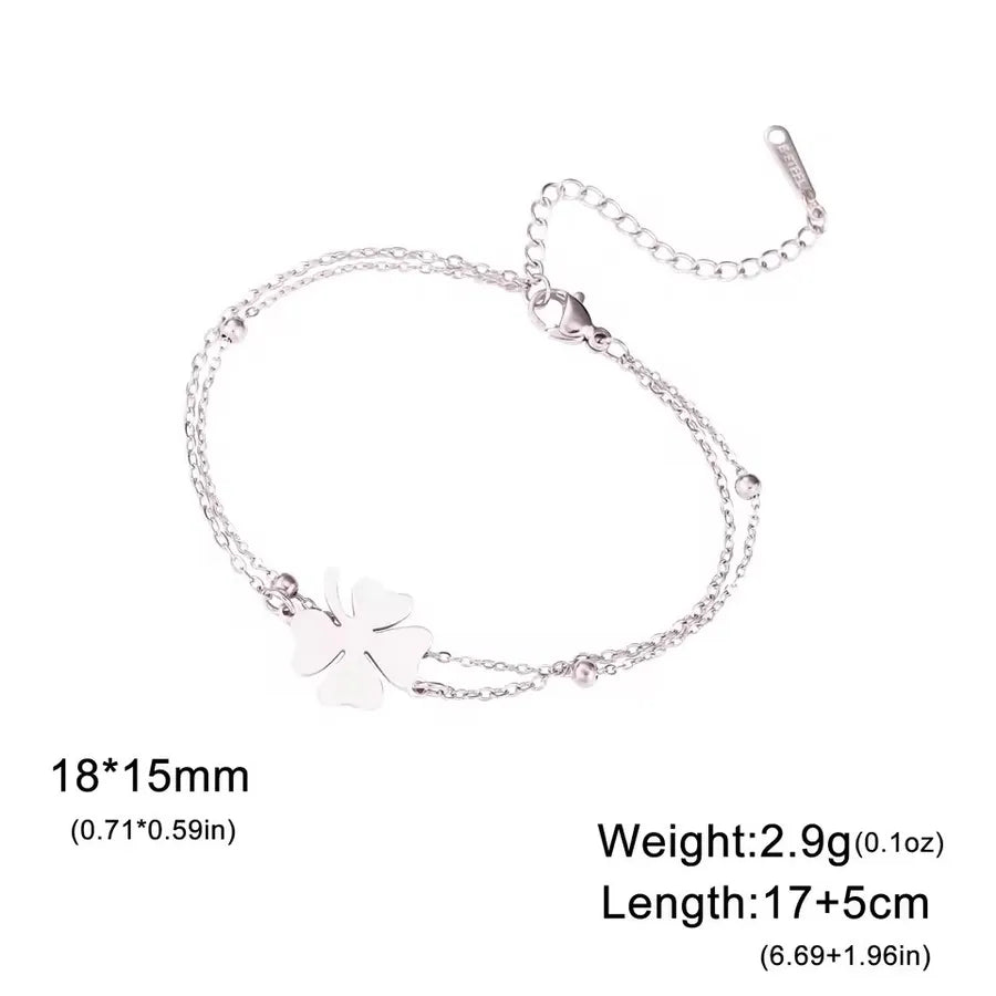 Double Layer Four Leaf Clover Bracelet Steel Color-double Layer Chain
