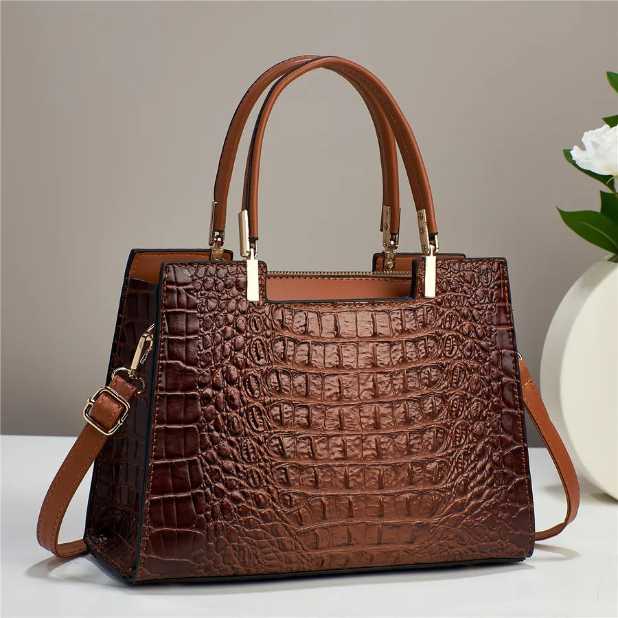 Crocodile Pattern Large Shoulder Handbag Coffee Brown
