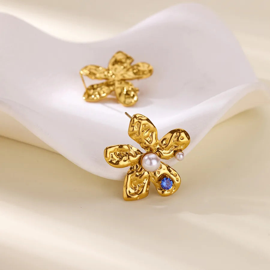 Colorful Pearl & Zircon Stud Earrings – 18K Gold