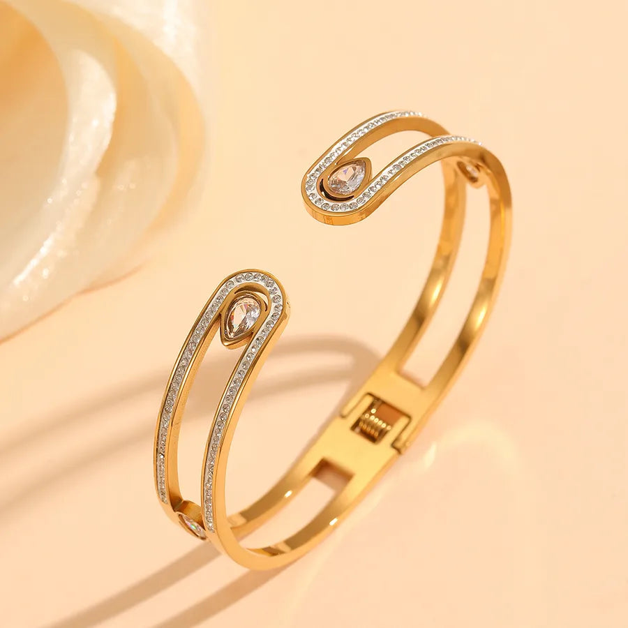 18K Gold PVD Letter & Flower Stainless Steel Bangle Bracelet#4