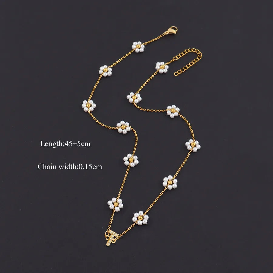 18K Gold Plated Letter Pendant Pearl Necklace Gold t