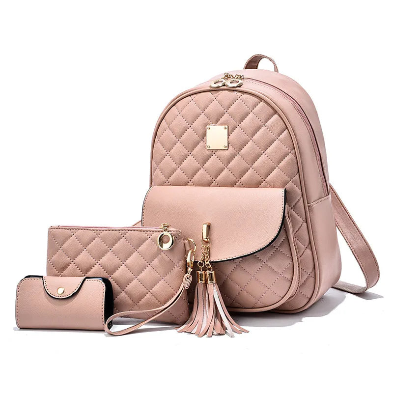Women's Quilted PU Backpack Set with Bow & Tassel Three-Piece Pink
