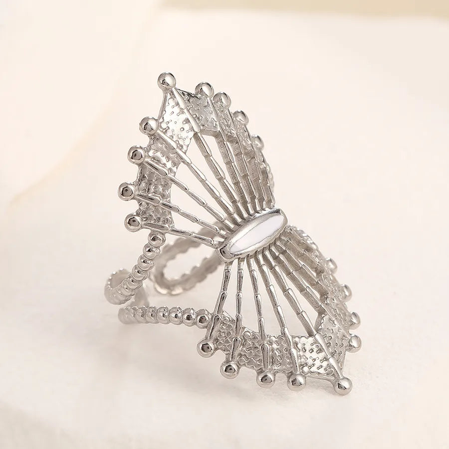 Adjustable Gold Crown Ring in Stainless Steel Adjustable Opening Steel-colored fan-shaped white eyes