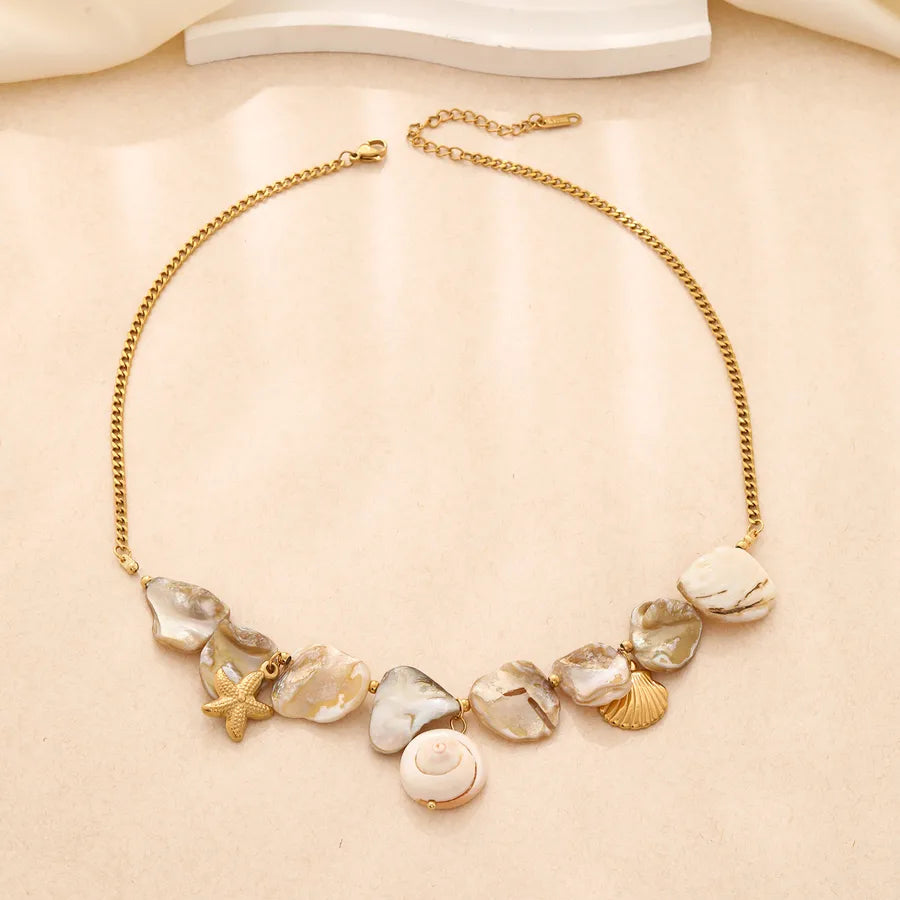 Stainless Steel Starfish & Conch Shell Necklace Gold Necklace