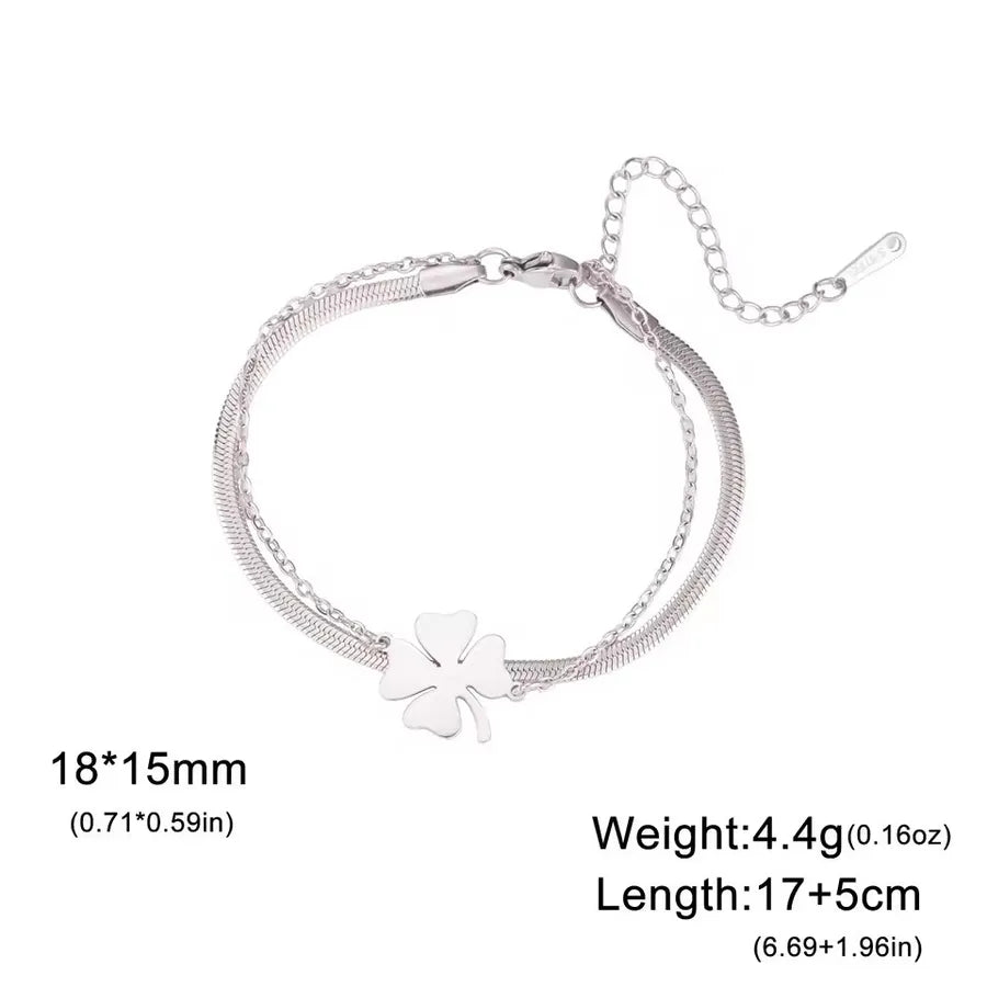 Double Layer Four Leaf Clover Bracelet Steel Color-Double Layer Snake Chain
