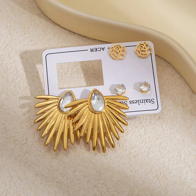 Gold Star & Butterfly Hoop Earrings Fan-shaped Zircon Earrings Set 1166