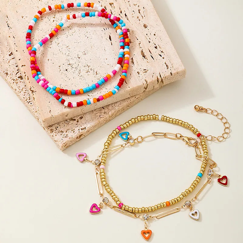 Boho Glass Beaded Heart Tassel Anklet Set