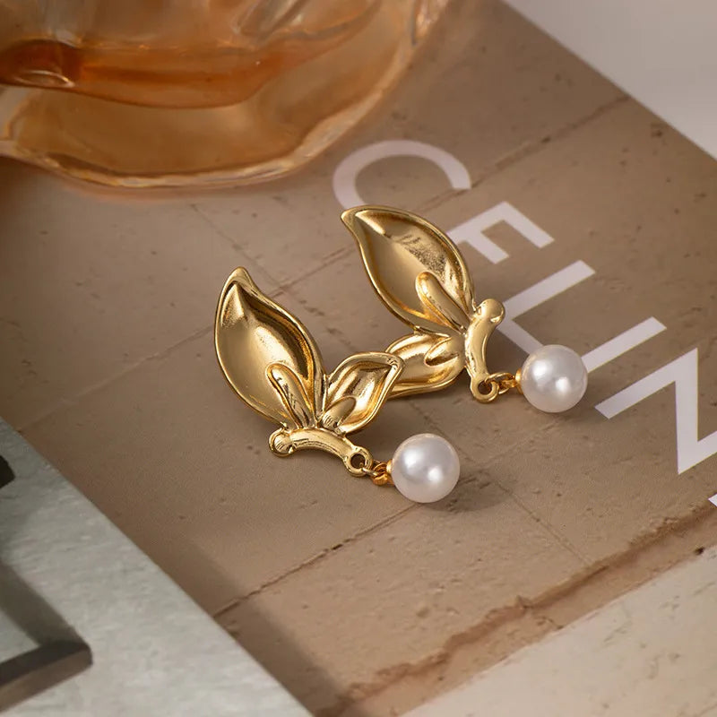 Titanium Steel Butterfly Pearl Drop Earrings Butterfly Pearl Pendant Earrings 1217