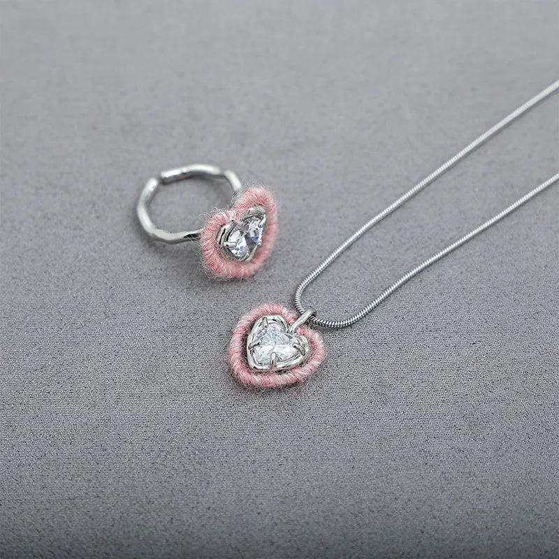 Pink Heart Zircon Necklace & Ring Set