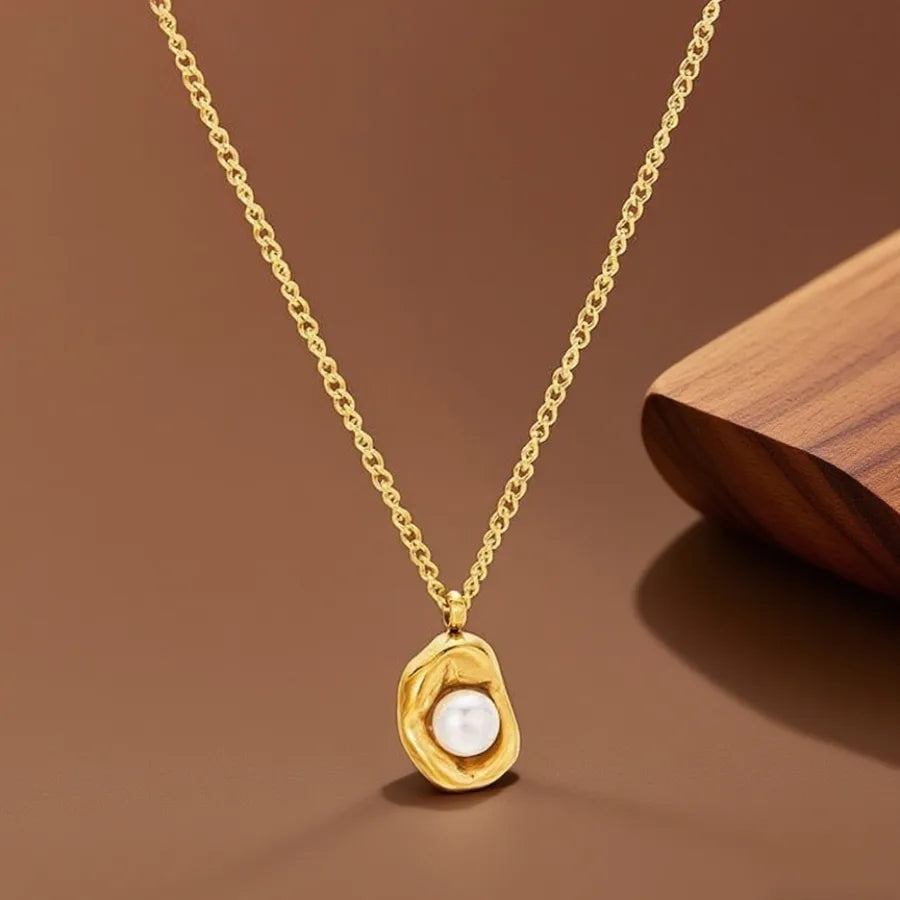 Elegant Titanium Steel Pendant Necklace X0362- Broad Bean Pearl Necklace - Gold