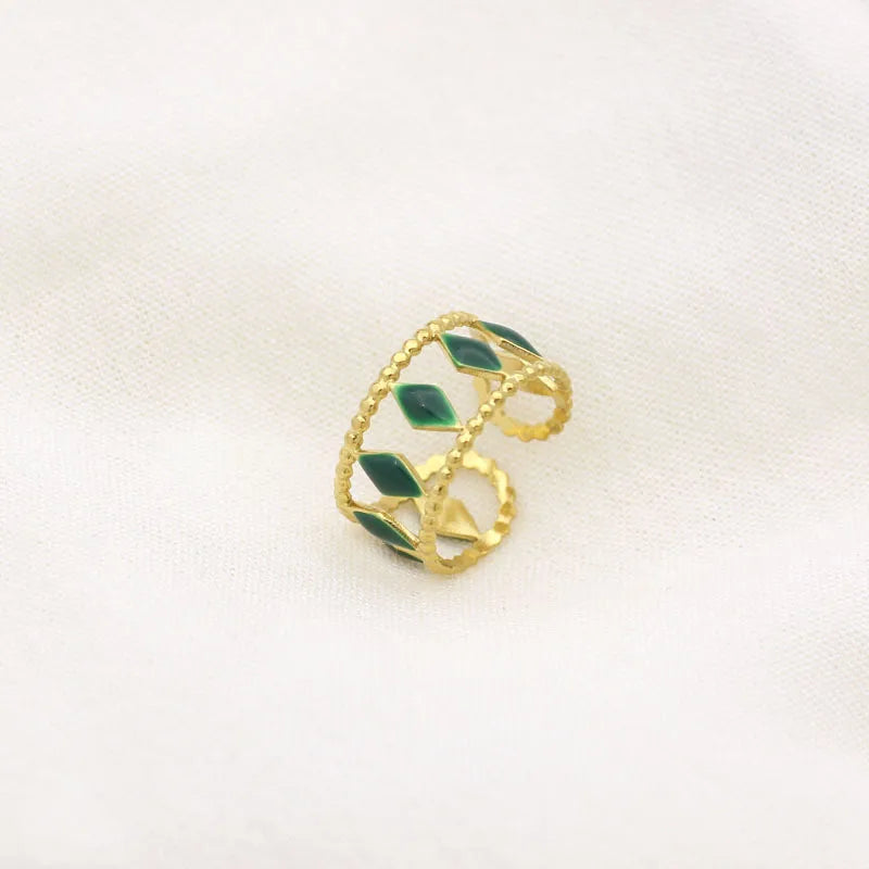 Leaf Enamel Stainless Steel Open Ring for Women Style 8