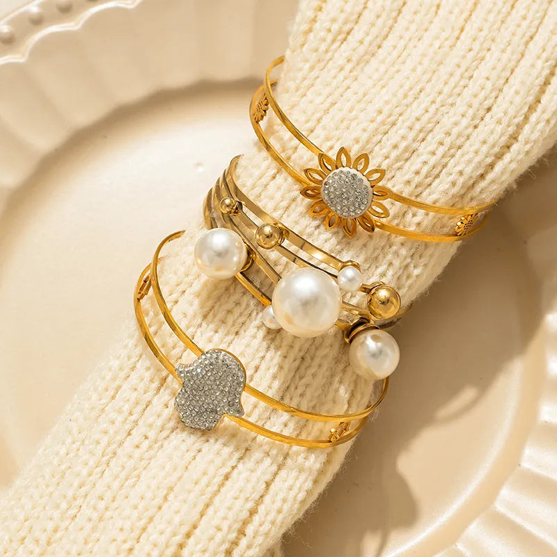 14K Gold Plated Palm & Pearl Flower Bracelet