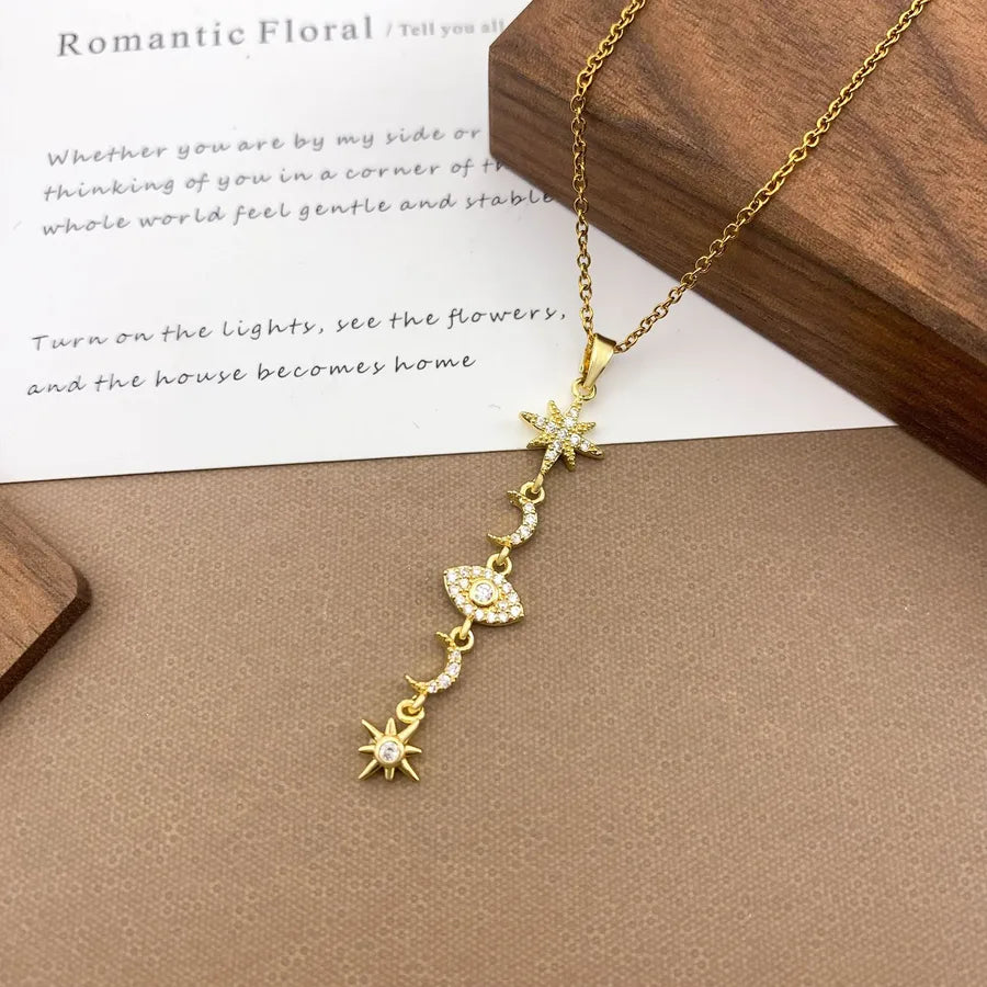 Gold Plated Sun Moon Star Pendant Necklace XL5136 Star Eye Tassel Necklace Gold