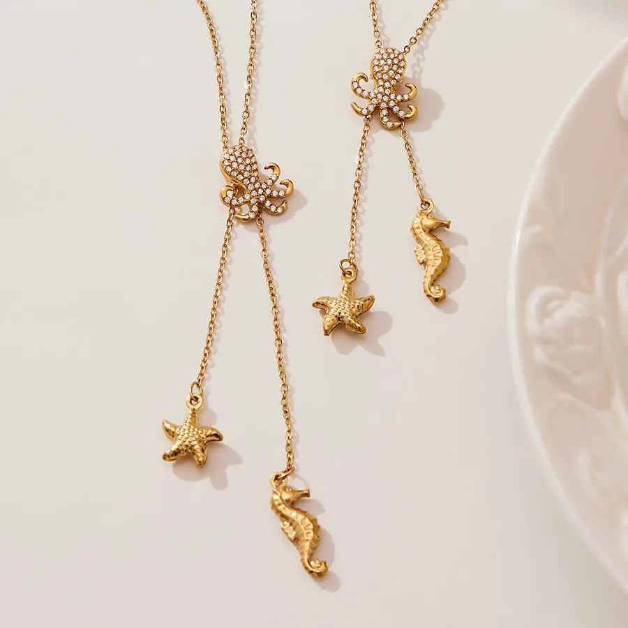 Gold Starfish Y Necklace with Zircon Accents