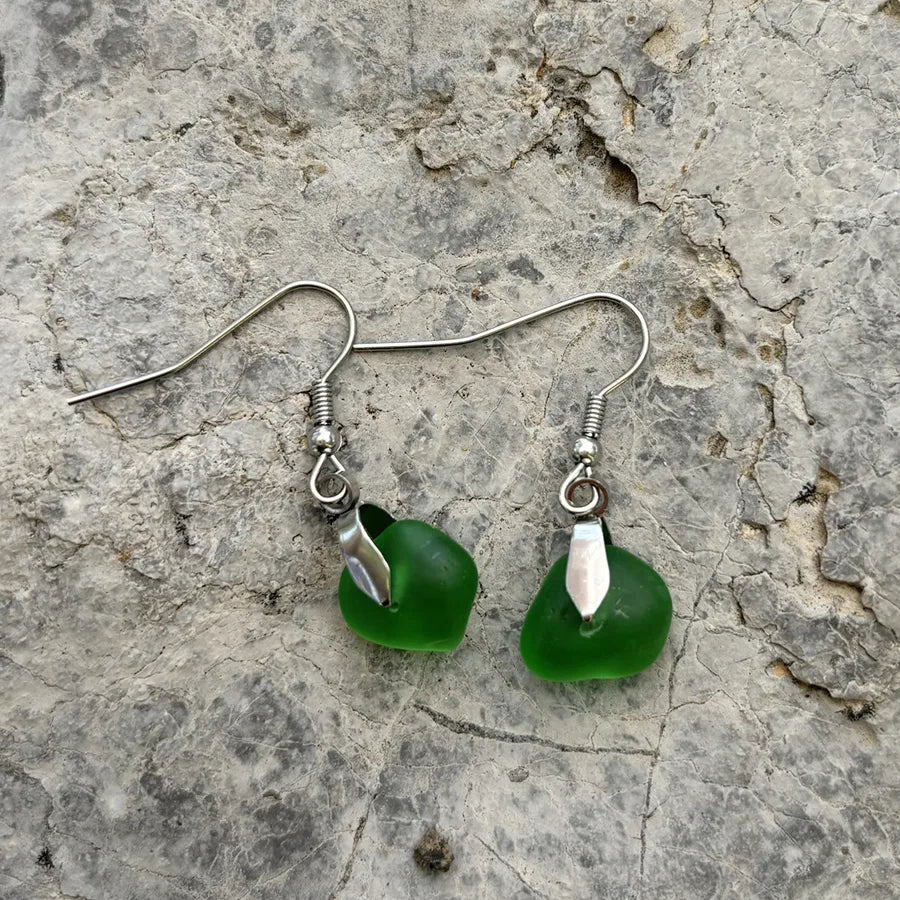 Sea Glass Dangle Earrings with Stainless Steel Hooks Steel Color Ear Hook-Green Sea Glass