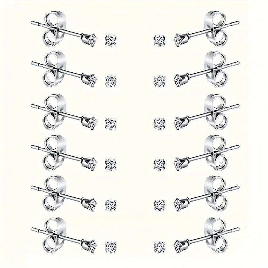 Unisex 12-Pair Stainless Steel Stud Earrings Set Silver 2mm12 Pairs
