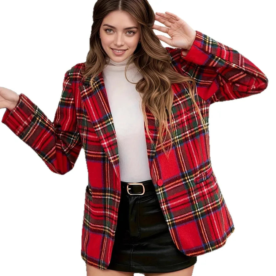 Women's Red Plaid Christmas Blazer