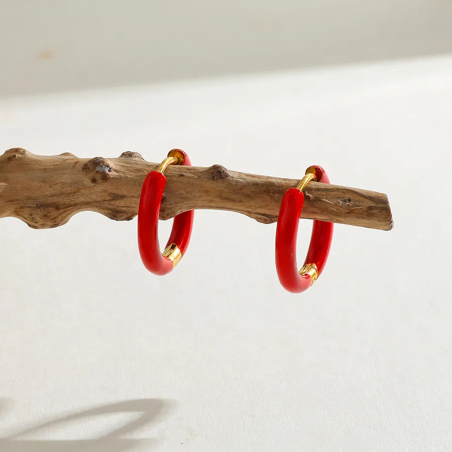 18K Gold Plated Round Stainless Steel Earrings Red-16.48*17.26*2.86mm