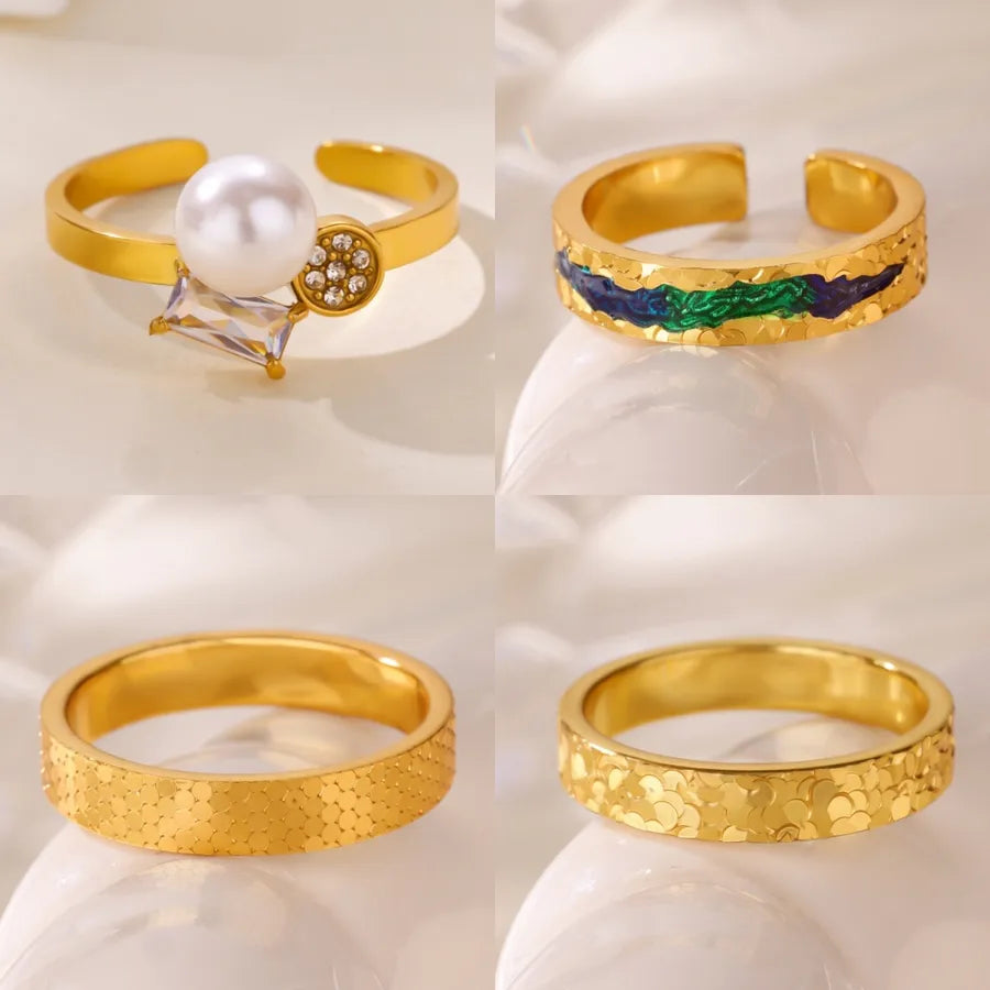 Gold Stainless Steel Wave Ring with Pearl & Zircon