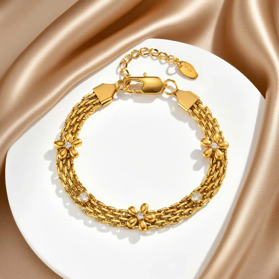 Women's Gold Mesh Flower Bracelet with Zircon