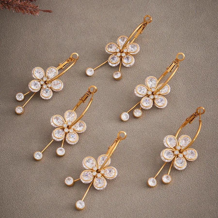 Elegant Zircon Flower Tassel Earrings in 18K Gold
