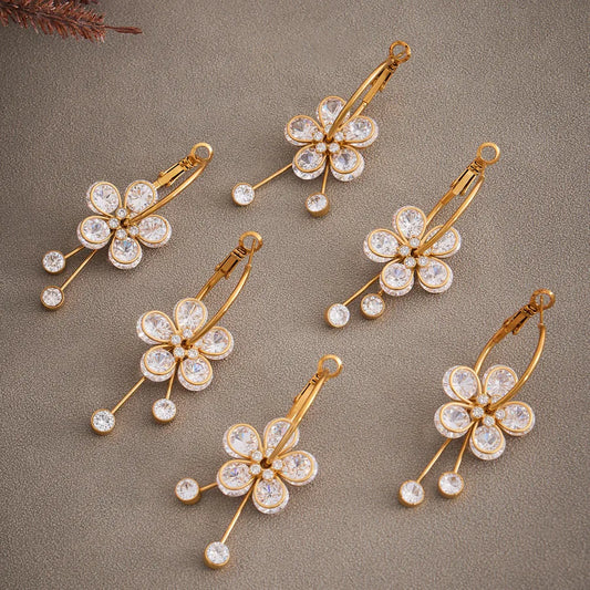 Elegant Zircon Flower Tassel Earrings in 18K Gold