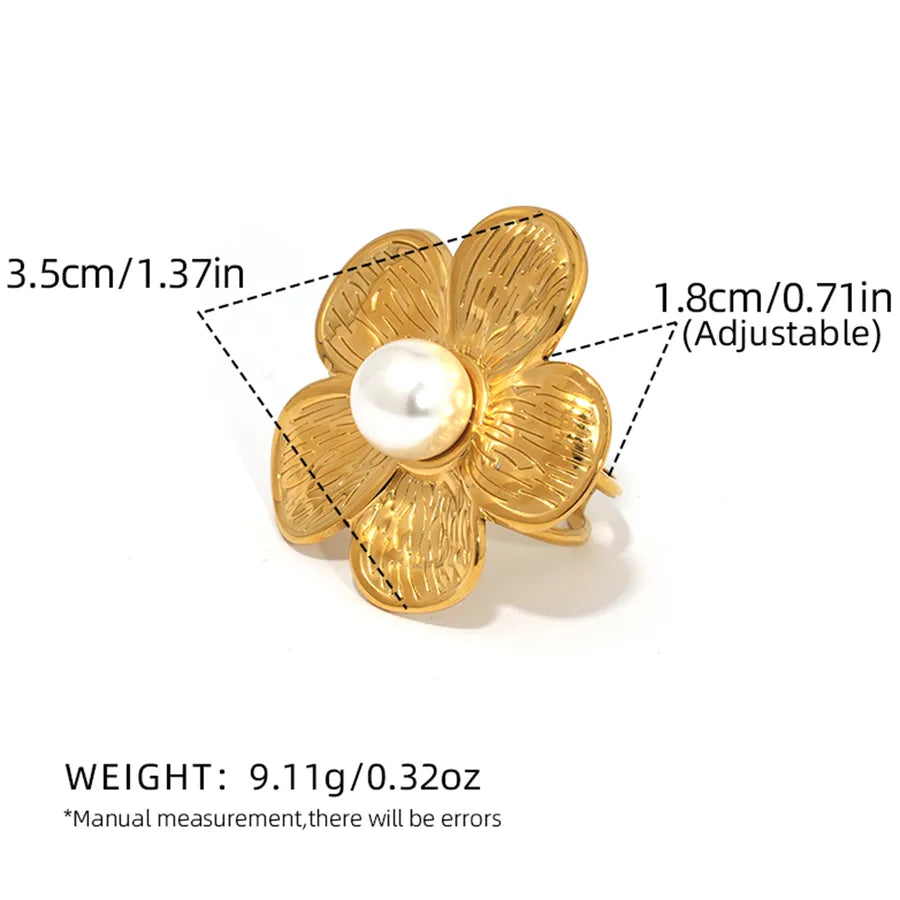 18K Gold Plated Flower Ring with Pearl Inlay adjustable Gold 1 Piece Pearl Flower Open Ring