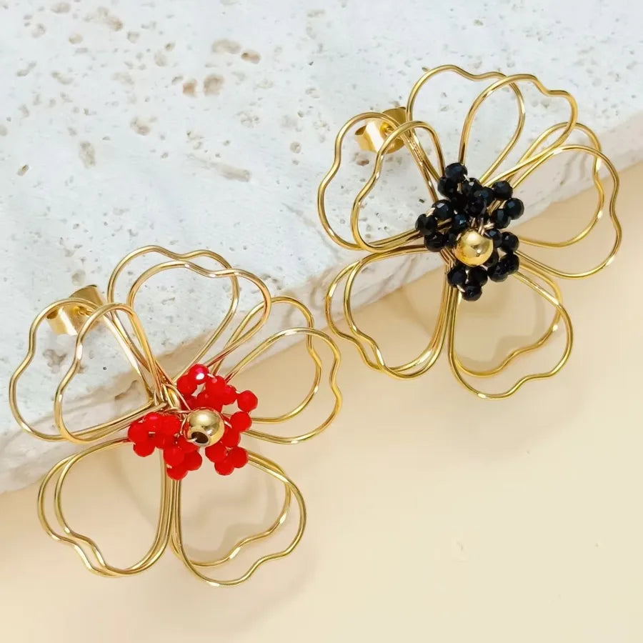 Gold Flower Pearl Drop Earrings